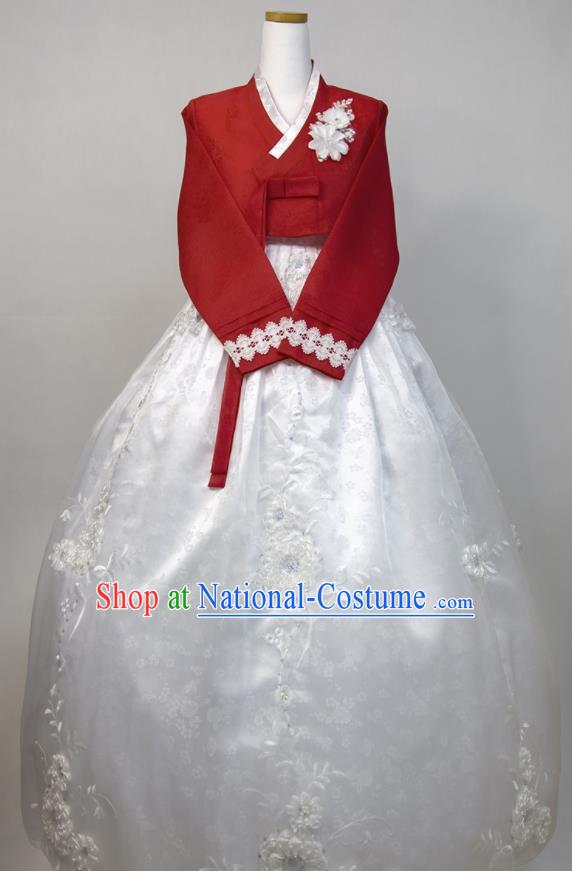 Korean Traditional Court Princess Clothing Korea Classical Wedding Fashion Costumes Bride Hanbok Red Blouse and White Dress