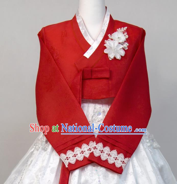 Korean Traditional Court Princess Clothing Korea Classical Wedding Fashion Costumes Bride Hanbok Red Blouse and White Dress