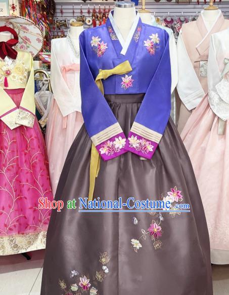 Korean Traditional Court Hanbok Clothing Classical Wedding Garment Costumes Young Woman Fashion Embroidered Blue Blouse and Grey Dress