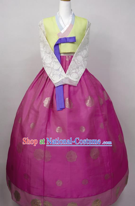 Korean Bride Fashion Costumes Korea Young Lady Classical Hanbok Yellow Blouse and Purple Dress Traditional Wedding Clothing