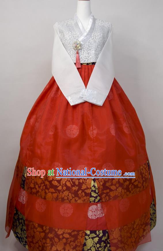 Korean Traditional Wedding Clothing Bride Fashion Costumes Korea Young Lady Classical Hanbok White Blouse and Red Dress