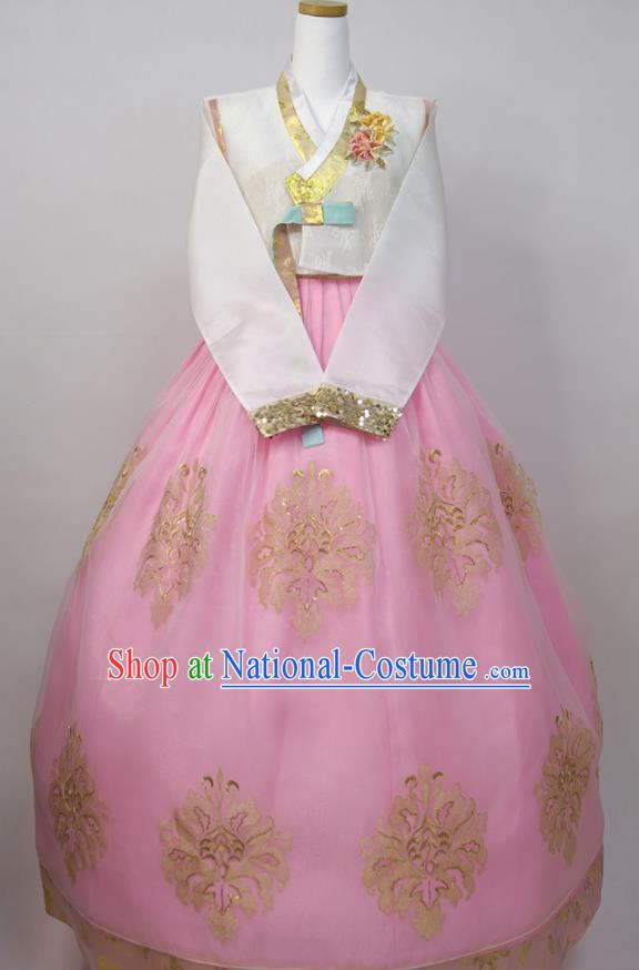 Korean Classical Hanbok White Blouse and Pink Dress Korea Young Lady Traditional Clothing Wedding Bride Fashion Costumes