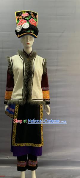 Chinese Traditional Qiang Nationality Clothing Minority Folk Dance Dress Uniforms Sichuan Ethnic Female Garment Costume and Headwear