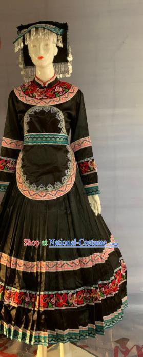 Chinese Guizhou Ethnic Garment Woman Costume Bouyei Nationality Clothing Puyi Minority Folk Dance Black Dress Uniforms and Headwear