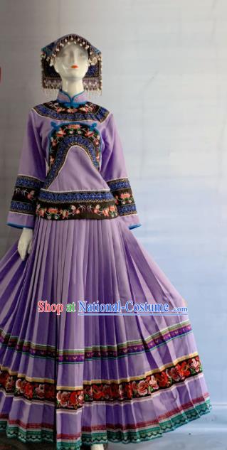 Chinese Bouyei Nationality Woman Clothing Puyi Minority Folk Dance Purple Dress Uniforms Guizhou Ethnic Festival Garment Costume and Headpiece