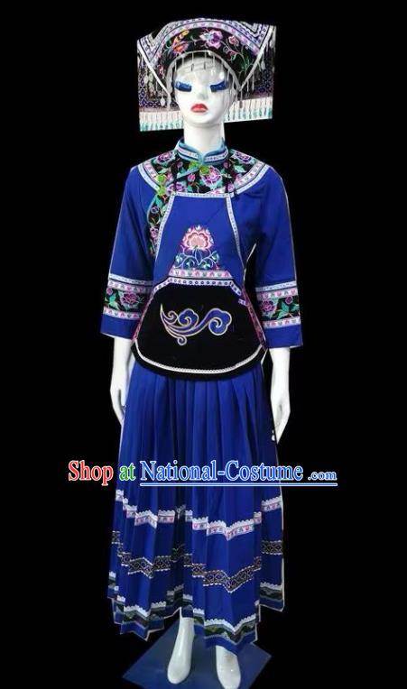 Chinese Bouyei Nationality Female Clothing Puyi Minority Blue Dress Uniforms Guizhou Ethnic Folk Dance Garment Costumes and Headdress