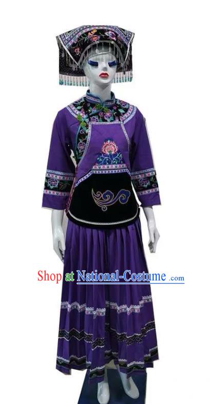 Chinese Puyi Nationality Female Clothing Bouyei Minority Purple Dress Uniforms Guizhou Ethnic Folk Dance Garment Costumes and Hat