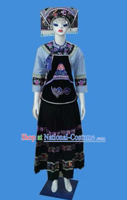 Chinese Guizhou Nationality Female Clothing Bouyei Minority Dress Uniforms Puyi Ethnic Folk Dance Garment Costumes and Headpiece