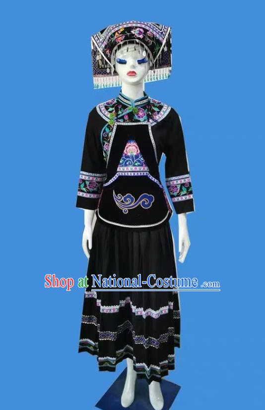 Chinese Puyi Ethnic Folk Dance Garment Costumes Guizhou Nationality Female Clothing Bouyei Minority Black Dress Uniforms and Headpiece