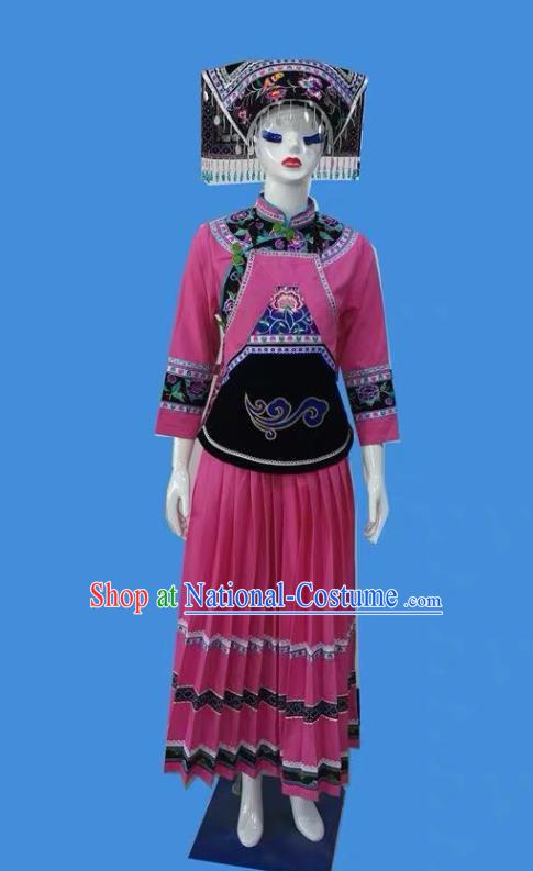 Chinese Bouyei Minority Rosy Dress Uniforms Puyi Ethnic Folk Dance Garment Costumes Guizhou Nationality Female Clothing and Headwear