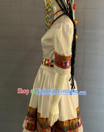 Chinese Minority Folk Dance White Dress Uniforms Tibetan Ethnic Woman Garment Costumes Zang Nationality Performance Clothing and Hat