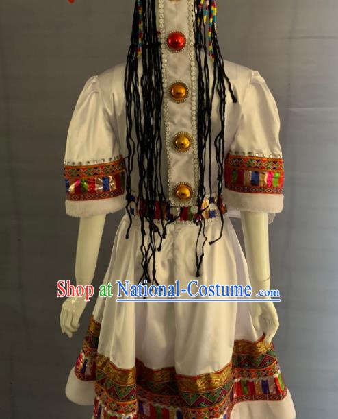 Chinese Minority Folk Dance White Dress Uniforms Tibetan Ethnic Woman Garment Costumes Zang Nationality Performance Clothing and Hat