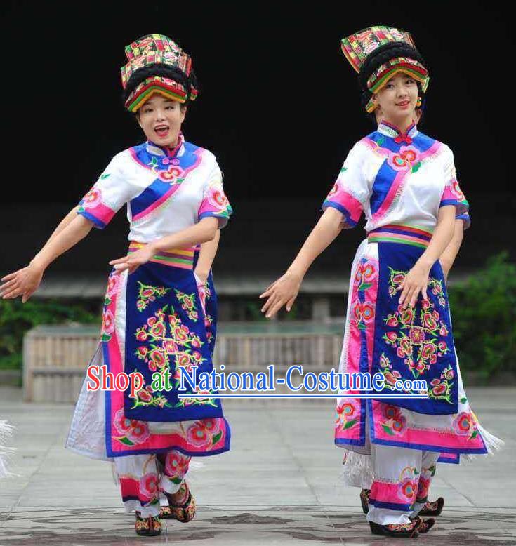 Chinese Qiang Nationality Performance Clothing Minority Folk Dance Dress Uniforms Sichuan Ethnic Festival Garment Costumes and Headwear