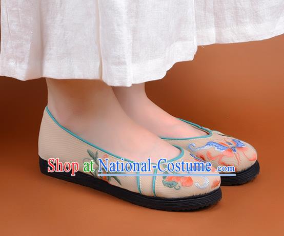 China Embroidered Butterfly Shoes Handmade Cloth Shoes Folk Dance Apricot Canvas Shoes National Woman Shoes