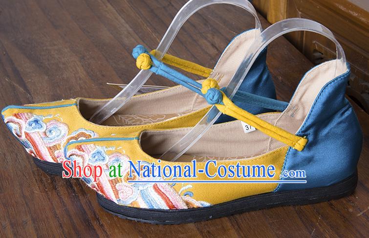 China Folk Dance Shoes National Old Beijing Cloth Shoes Embroidered Yellow Flax Shoes Handmade Woman Shoes