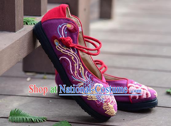 China Handmade Purple Canvas Shoes Woman Folk Dance Shoes National Cloth Shoes Traditional Embroidered Phoenix Peony Shoes