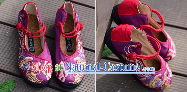 China Handmade Purple Canvas Shoes Woman Folk Dance Shoes National Cloth Shoes Traditional Embroidered Phoenix Peony Shoes