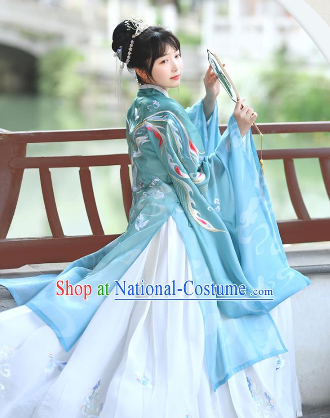 China Traditional Antique Garments Ming Dynasty Noble Lady Historical Clothing Ancient Patrician Woman Blue Hanfu Dress