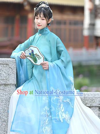 China Traditional Antique Garments Ming Dynasty Noble Lady Historical Clothing Ancient Patrician Woman Blue Hanfu Dress