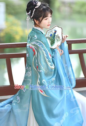 China Traditional Antique Garments Ming Dynasty Noble Lady Historical Clothing Ancient Patrician Woman Blue Hanfu Dress