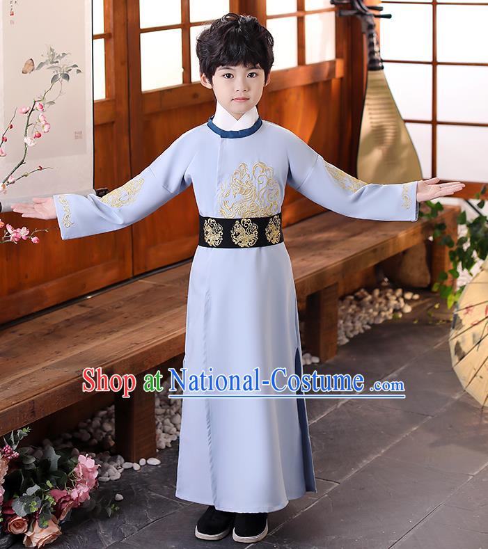 China Boys Classical Dance Garment Costume Ancient Tang Dynasty Scholar Light Blue Robe Traditional Stage Performance Clothing