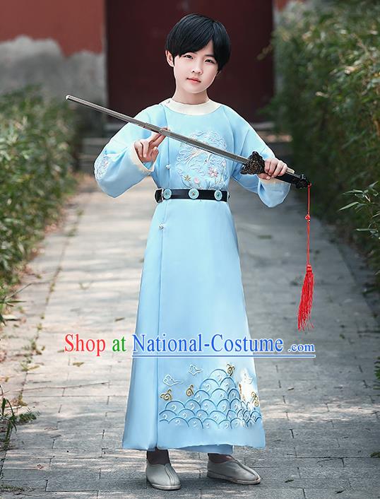 China Tang Dynasty Swordsman Embroidered Blue Robe Traditional Dance Performance Clothing Ancient Boys Knight Garment Costume