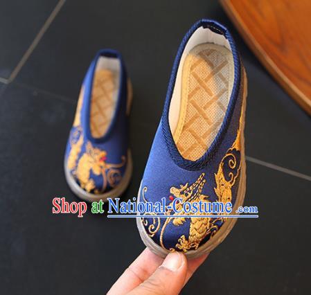 Chinese Traditional Children Hanfu Shoes Boys Embroidered Dragon Shoes Ming Dynasty Blue Cloth Shoes