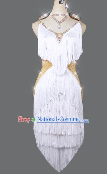 Professional Cha Cha Fashion Women Latin Dance Competition White Tassel Dress Dance Performance Costume Group Dancing Clothing