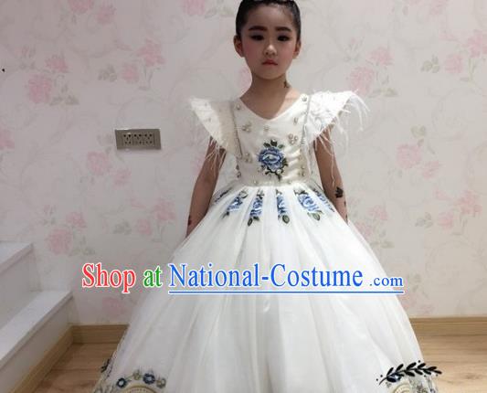 Professional Piano Recital Garment Costume Girl Stage Show Clothing Princess Fashion Children Catwalks White Full Dress