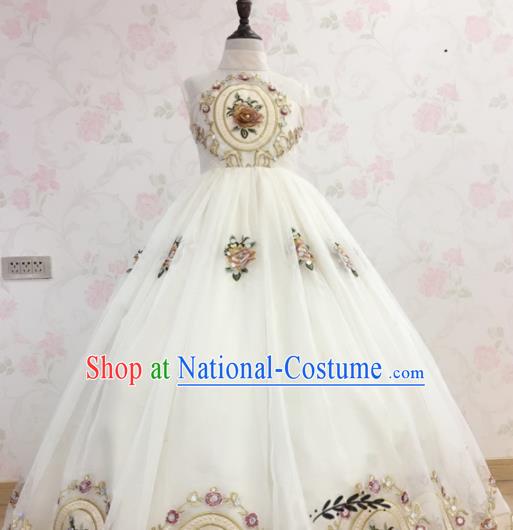 Professional Children Catwalks White Full Dress Piano Recital Garment Costume Girl Stage Show Clothing Princess Fashion