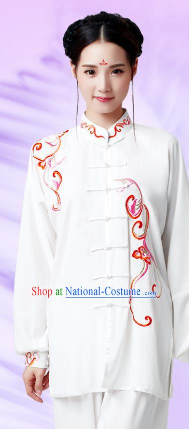 China Kung Fu Clothing Martial Arts Embroidered White Outfits Wushu Performance Costumes Tai Chi Training Uniforms