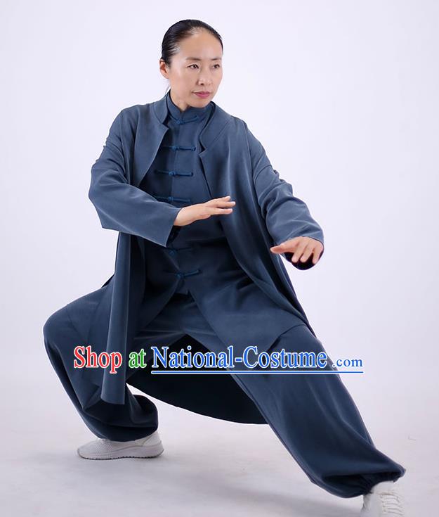 China Martial Arts Competition Outfits Wudang Sword Performance Costumes Tai Chi Exercise Blue Uniforms Kung Fu Wushu Clothing