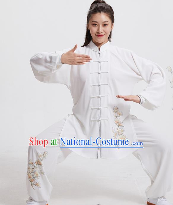 Chinese Martial Arts Garment Costumes Tai Chi Training Printing Mangnolia White Uniforms Adults Kung Fu Performance Clothing