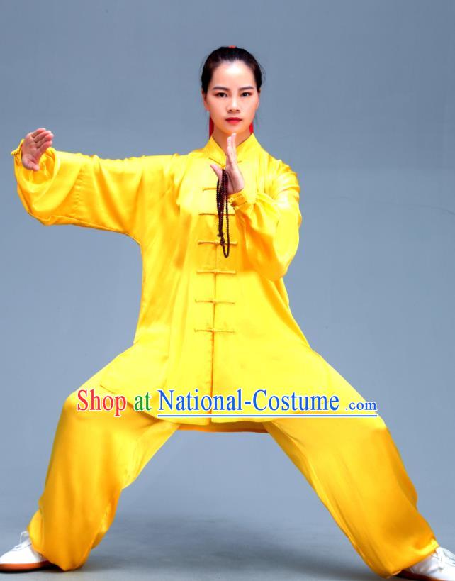 Professional Chinese Martial Arts Yellow Silk Outfits Tai Chi Performance Costumes Kung Fu Wushu Uniforms Tai Ji Competition Clothing