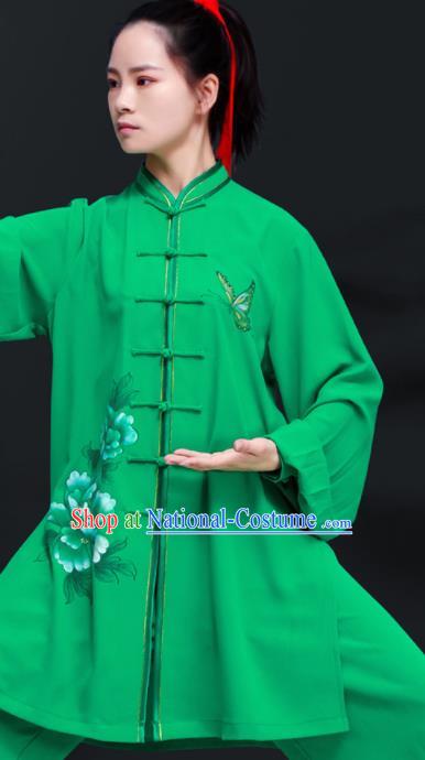 Professional Chinese Tai Chi Training Costumes Kung Fu Uniforms Tai Ji Sword Performance Clothing Martial Arts Printing Peony Green Outfits