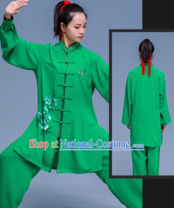 Professional Chinese Tai Chi Training Costumes Kung Fu Uniforms Tai Ji Sword Performance Clothing Martial Arts Printing Peony Green Outfits