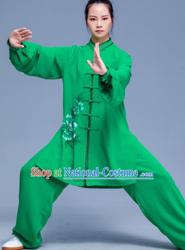 Professional Chinese Tai Chi Training Costumes Kung Fu Uniforms Tai Ji Sword Performance Clothing Martial Arts Printing Peony Green Outfits