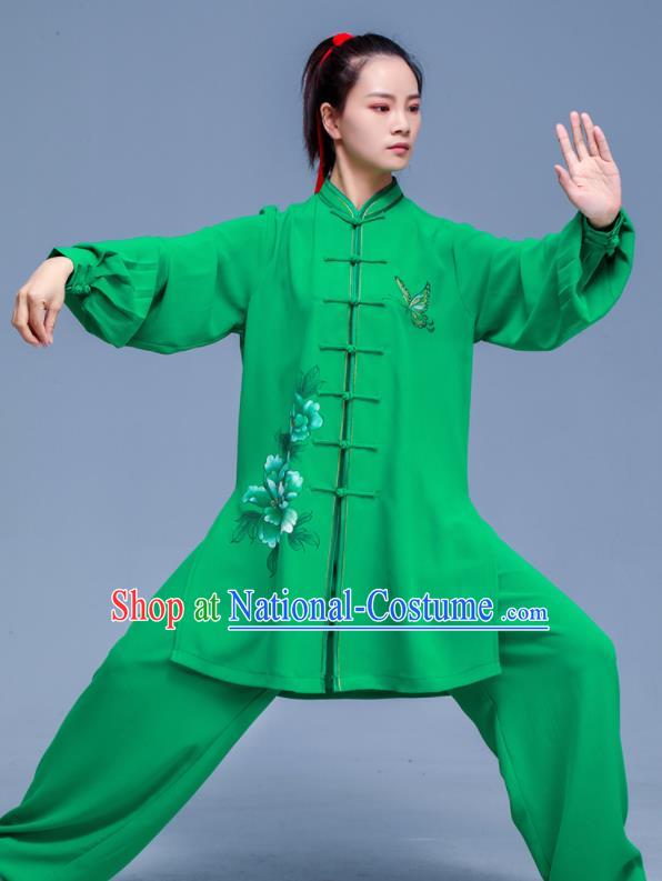 Professional Chinese Tai Chi Training Costumes Kung Fu Uniforms Tai Ji Sword Performance Clothing Martial Arts Printing Peony Green Outfits