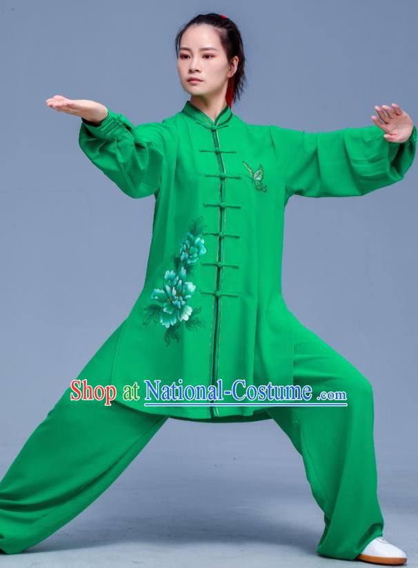 Professional Chinese Tai Chi Training Costumes Kung Fu Uniforms Tai Ji Sword Performance Clothing Martial Arts Printing Peony Green Outfits