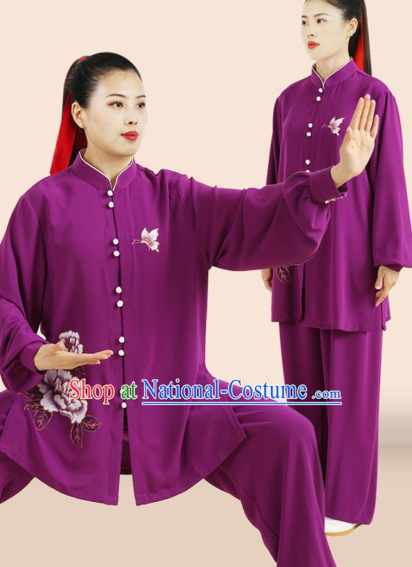 Professional Chinese Martial Arts Clothing Kung Fu Tai Chi Costumes Wushu Hand Painting Peony Purple Uniforms Tai Ji Competition Suits