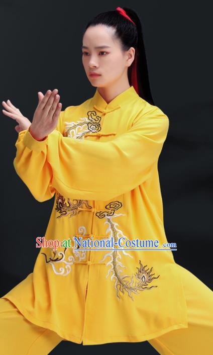 Chinese Kung Fu Competition Costumes Tai Chi Training Uniforms Embroidered Yellow Outfits Martial Arts Clothing