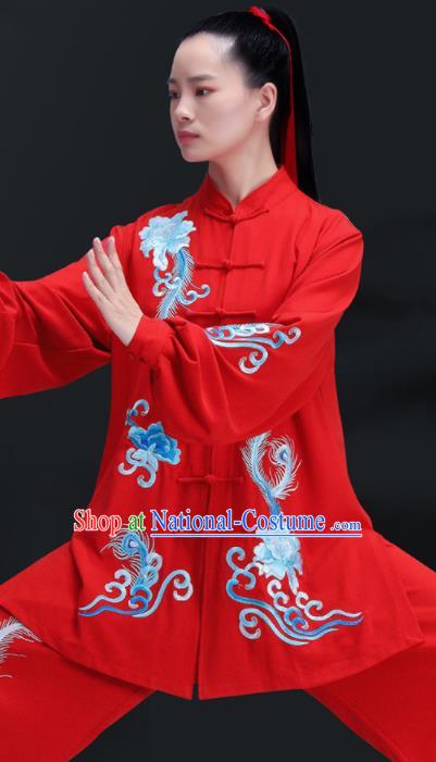 Chinese Martial Arts Clothing Kung Fu Competition Costumes Tai Chi Training Uniforms Embroidered Phoenix Peony Red Outfits