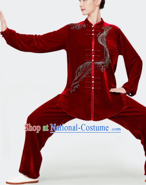 Chinese Martial Arts Clothing Kung Fu Garment Costumes Tai Chi Training Uniforms Wushu Competition Red Pleuche Outfits