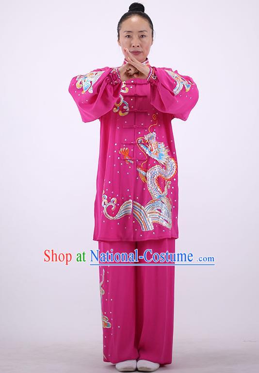 China Wushu Group Competition Clothing Martial Arts Embroidered Dragon Rosy Outfits Kung Fu Costumes Tai Chi Performance Uniforms