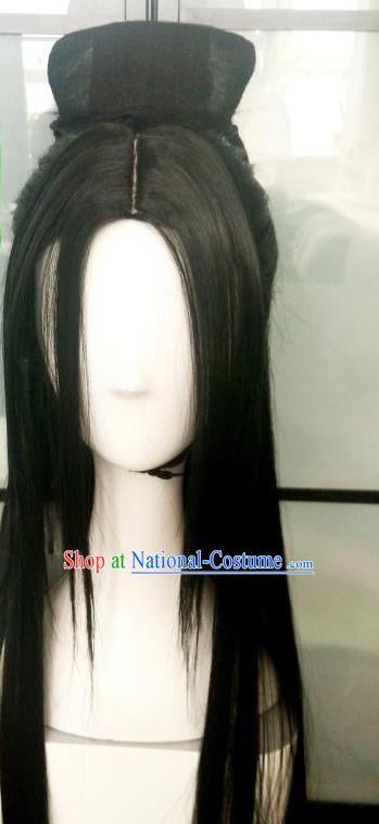 China Ancient Goddess Wigs Traditional Drama Eternal Love Bai Qian Hanfu Chignon Hairpieces Cosplay Fairy Queen Black Wig Sheath