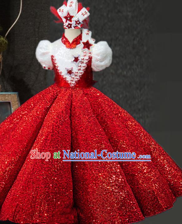 Top Girl Catwalks Red Sequins Dress Children Stage Show Clothing Girls Chorus Formal Evening Wear Costume