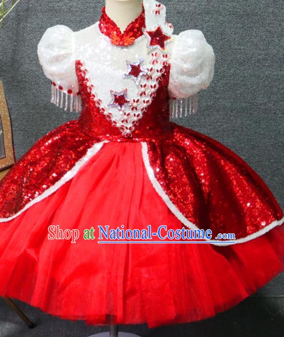 Top Children Stage Show Clothing Girls Chorus Formal Evening Wear Costume Girl Catwalks Red Veil Bubble Dress