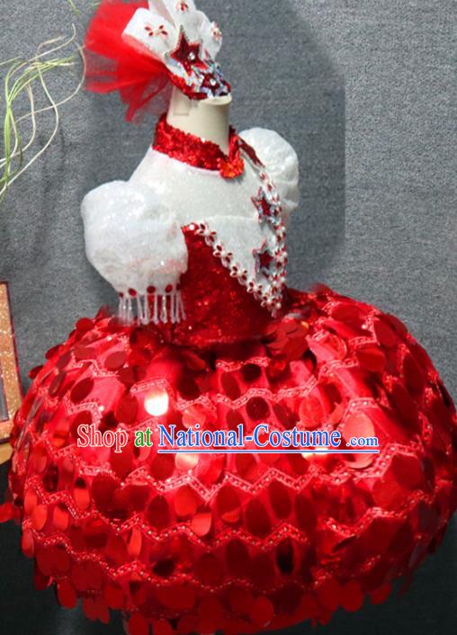 Top Girl Catwalks Red Bubble Dress Children Stage Show Clothing Girls Compere Formal Evening Wear Costume