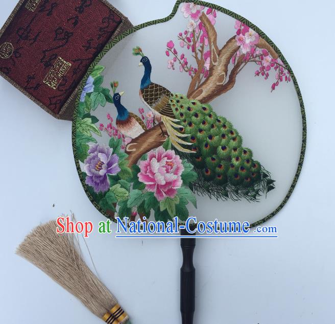 China Classical Cheongsam Dance Fans Suzhou Embroidery Peacock Peony Silk Fan Handmade Peach Shape Fan Traditional Palace Fan