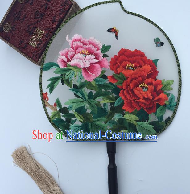 China Suzhou Embroidery Peony Fan Handmade White Silk Peach Shape Fan Traditional Cheongsam Palace Fan Classical Dance Fans